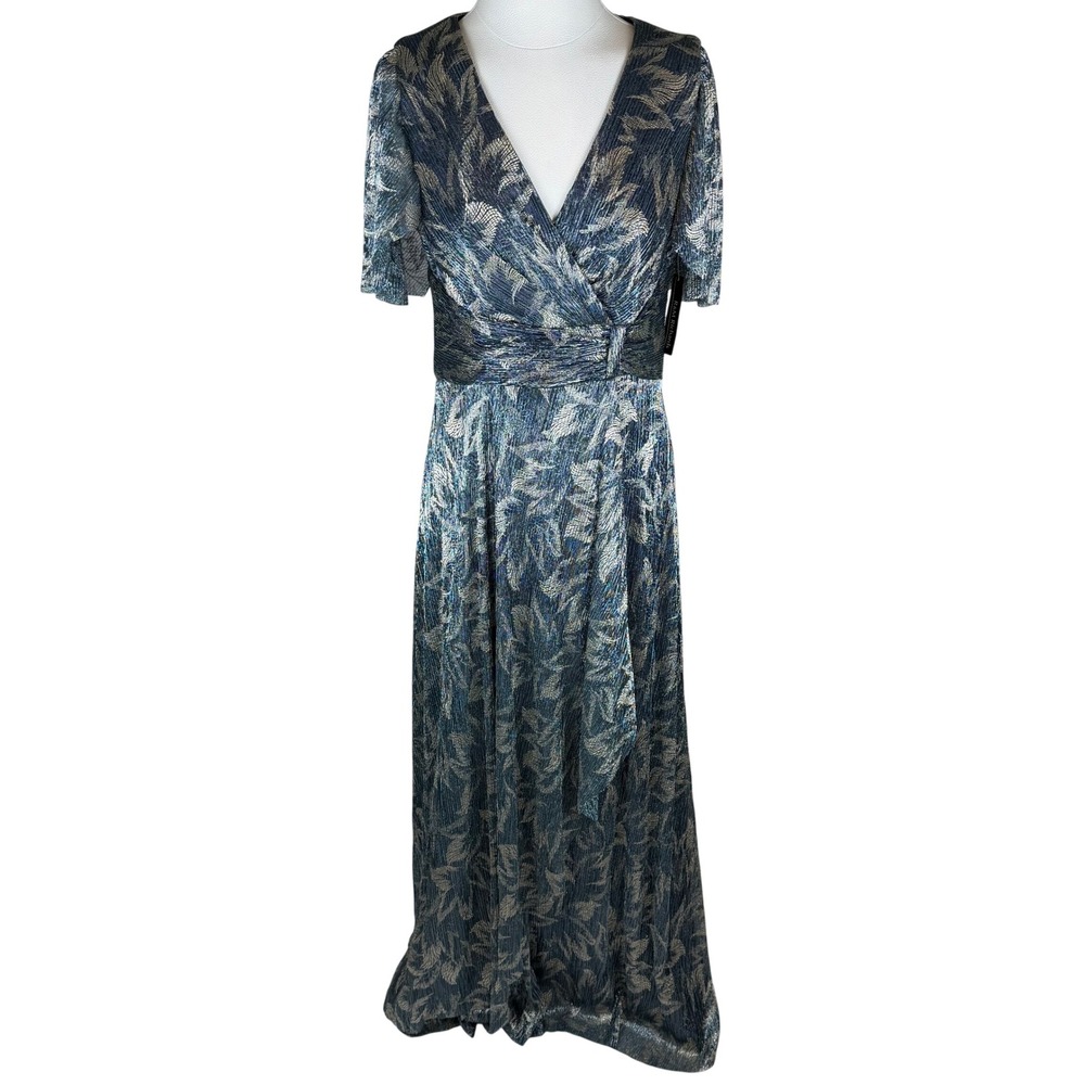 NWT R&M Richards Blue Gold Leaf Metallic Pleated Flutter Sleeve Dress Gown Sz 6 - Picture 5 of 14